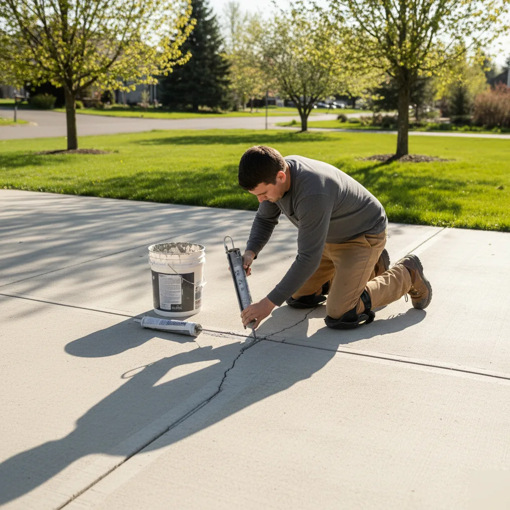 Contractor prepping a concrete driveway before resurfacing