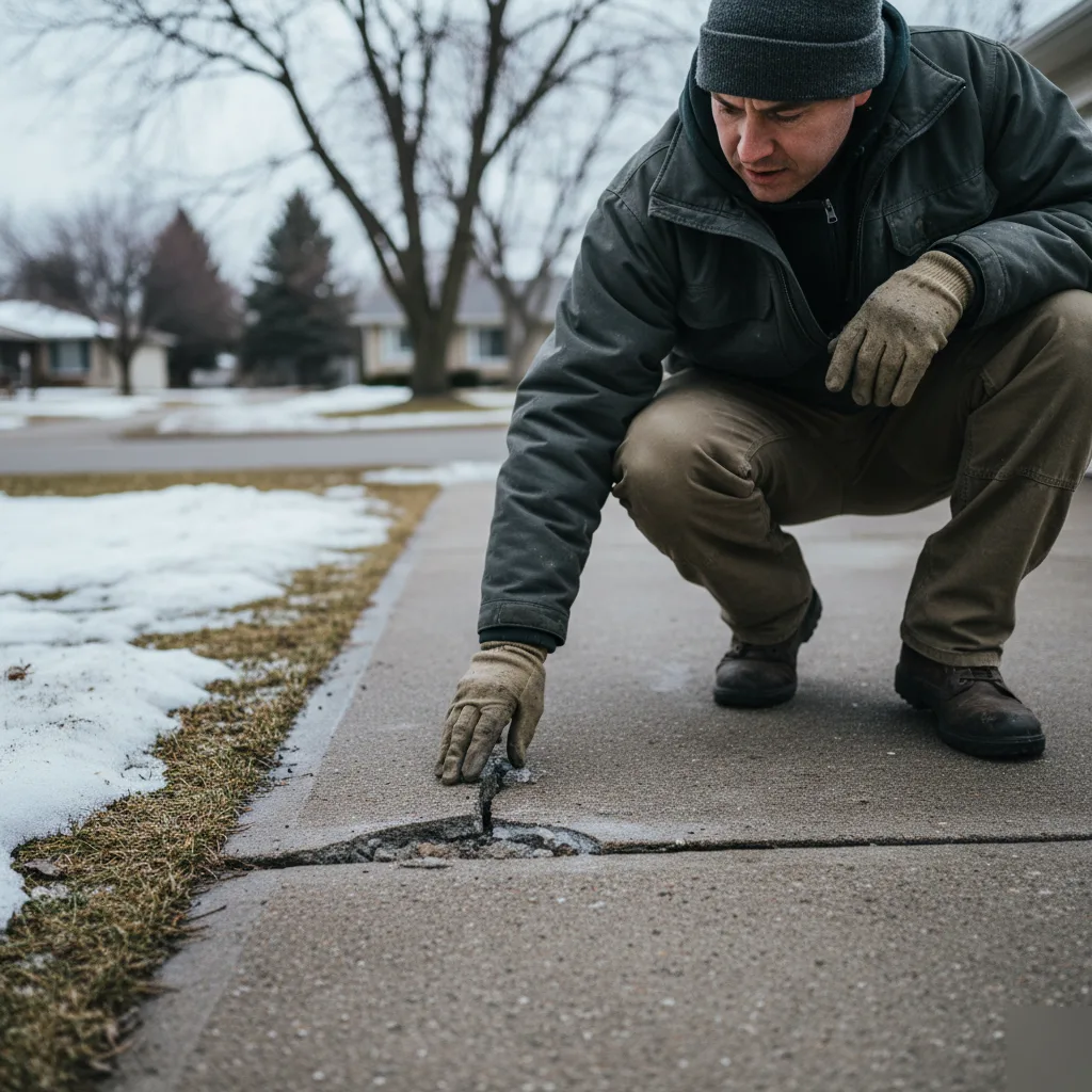 Contractor inspecting a concrete slab during a snowy Spokane winter